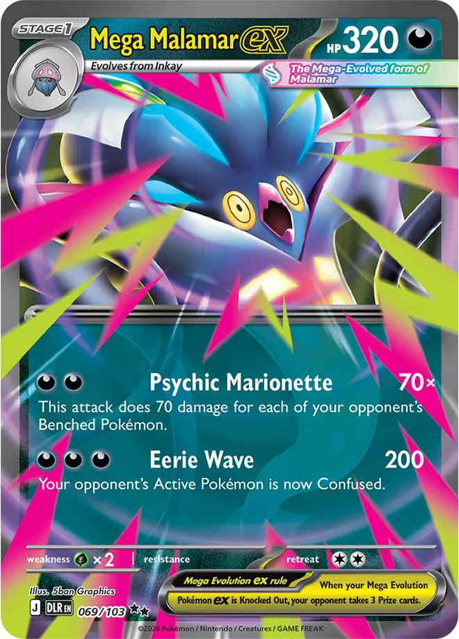 Mega Malamar ex 069/103 Pokémon card from Delta Reign with 320 HP and the attacks Psychic Marionette and Eerie Wave