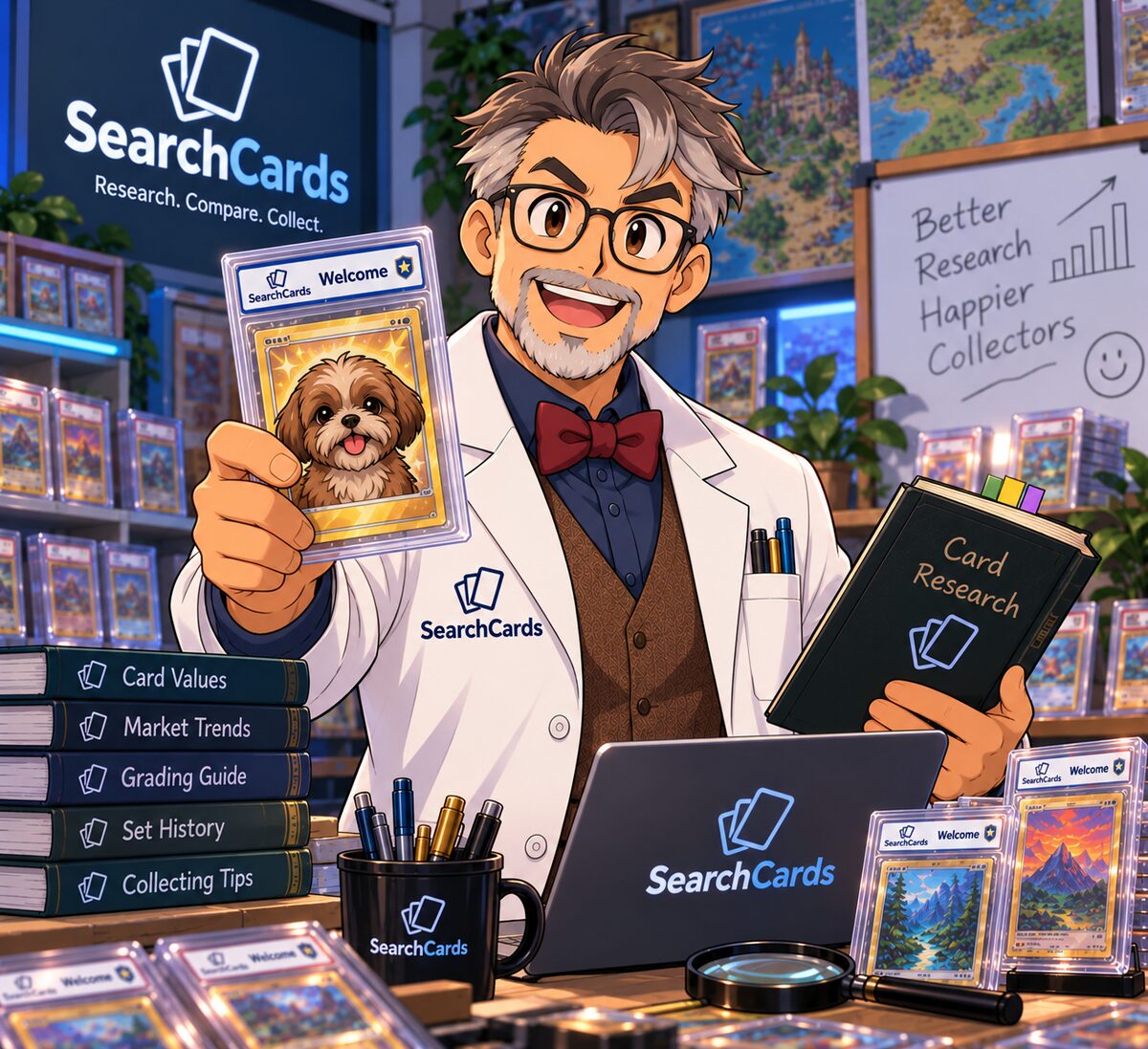 Professor Cardwell, the SearchCards mascot, holding a graded card in a card research lab